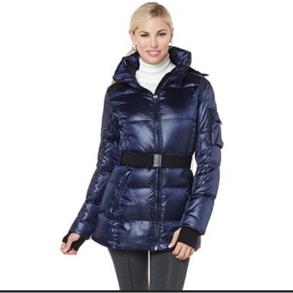 Aqua Puffer Metallic Blue Belted Coat- Size Medium